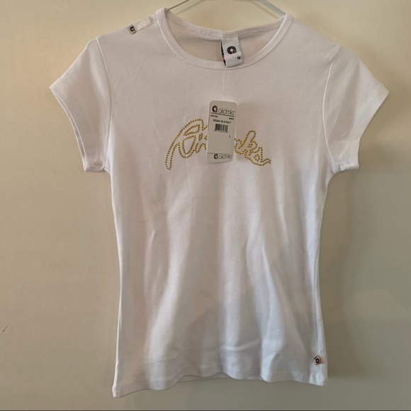 Akdmks White T Shirt Gold Tone Letters Glitter Studs Sz L NWT - Picture 1 of 11